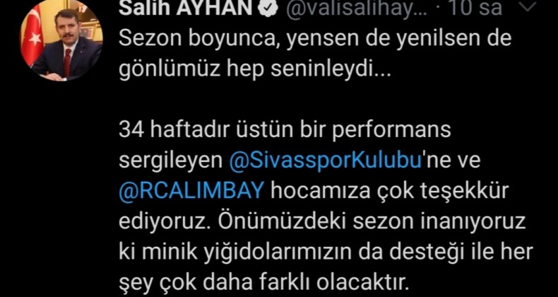 Vali Ayhan’dan Sivasspor’a Teşekkür