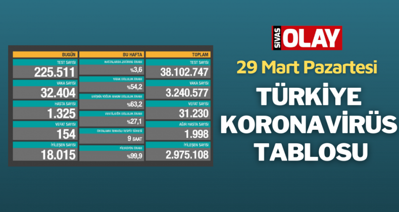 29 Mart Pazartesi Türkiye Günlük Koronavirüs Tablosu